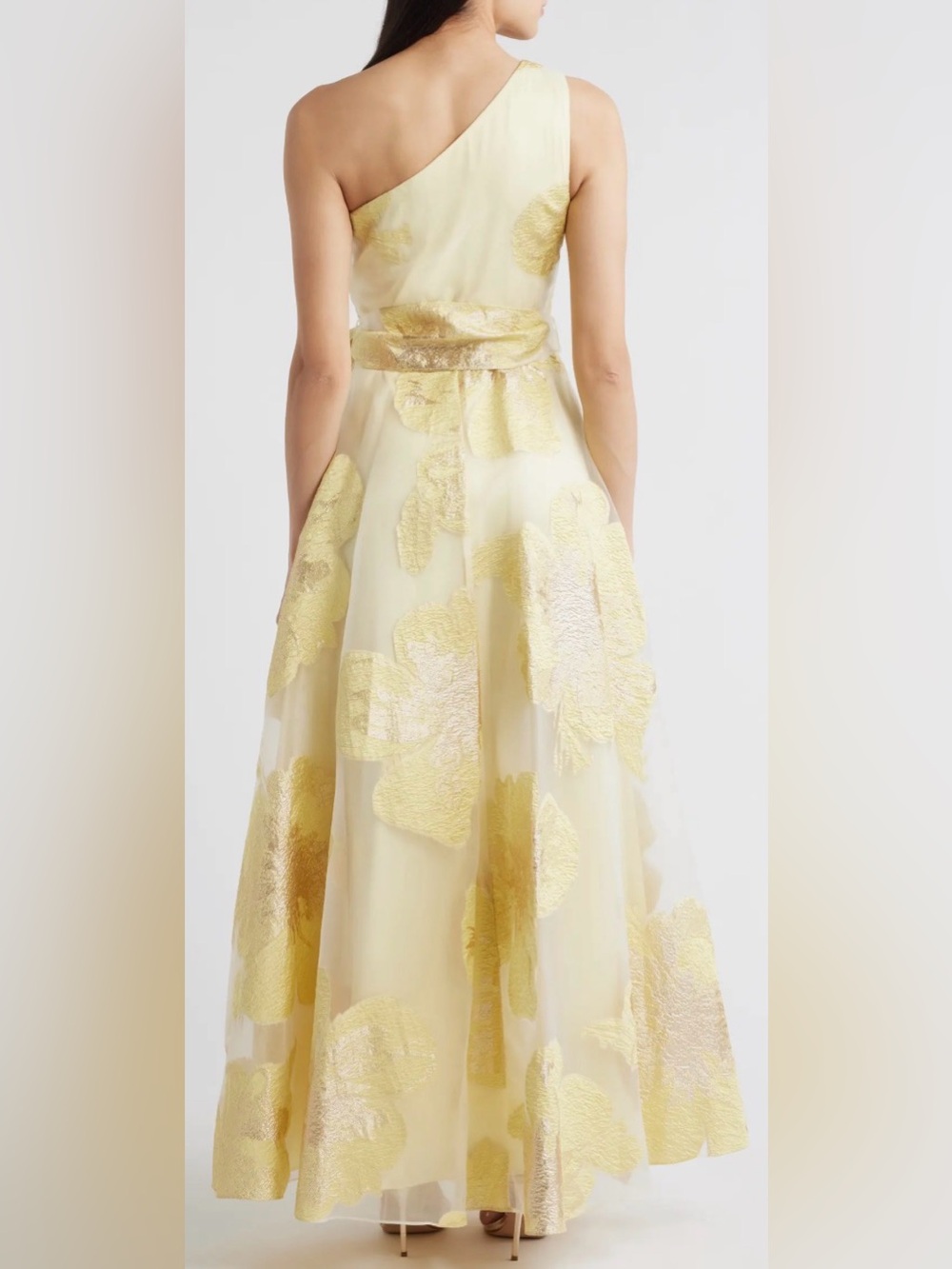 NEW ELIZA J One-Shoulder yellow Brocade belted Ballgown sz 4 - Picture 2 of 10